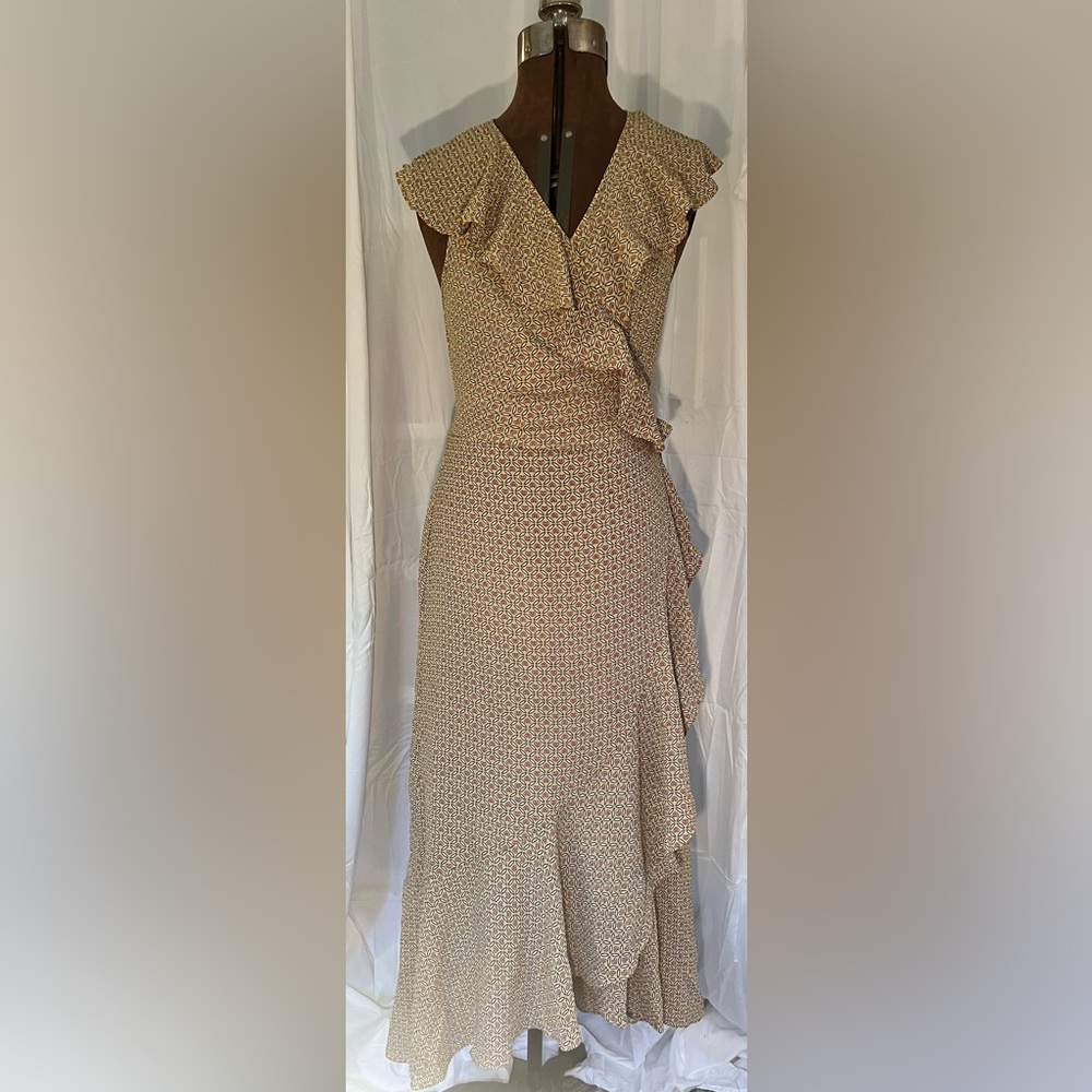 Max Studio Yellow/Gold Red heart V-Neck Wrap Ruffled Dress